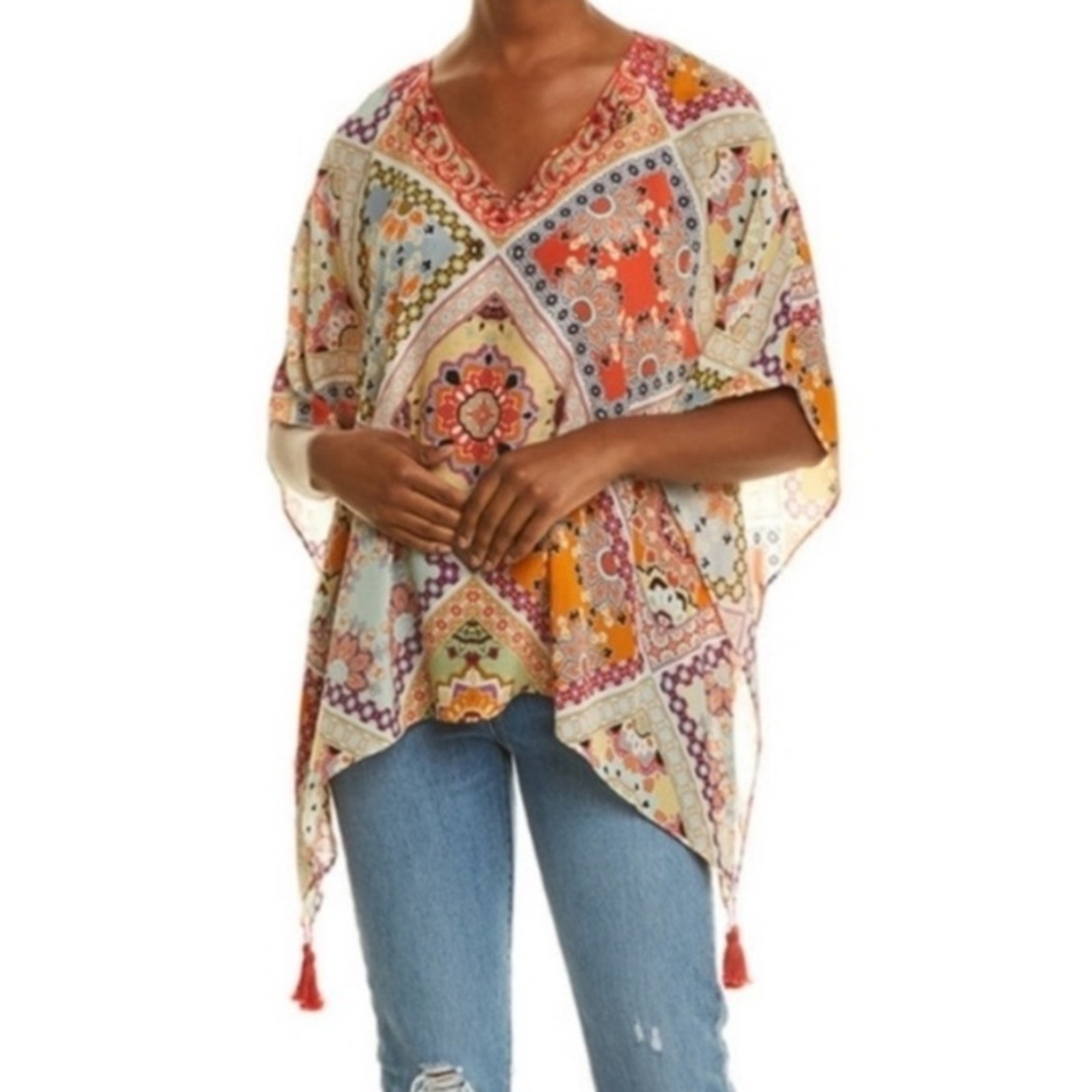 Johnny Was Jade Silk Boho Printed V-Neck Poncho Top Patchwork Blouse Small